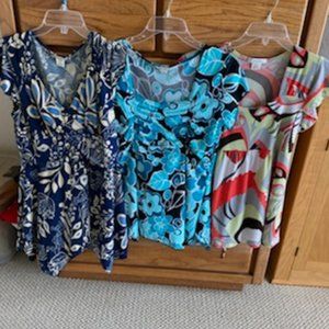Lot of 3~DRESS BARN Silky s/s TUNIC TOPS~fluttery-BLUES-Retro ORANGE Gray-sz M